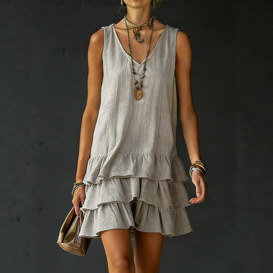 V-neck Cotton-linen Womens Fashionable Sleeveless Dress 