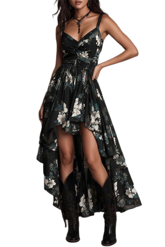 New style printed camisole dress for women, V-neck, waist cinched, high slit long skirt, fashionable vacation dress 