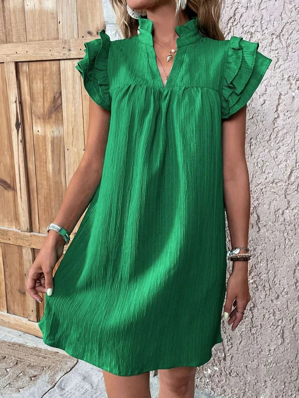 Ruffled Notched Cap Sleeve Mini Dress 