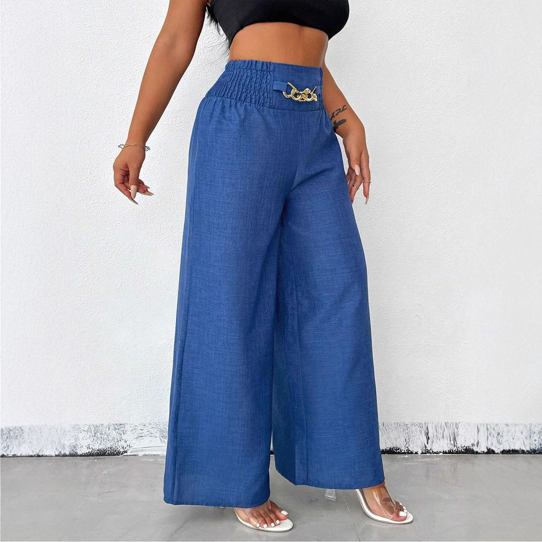 New Womens Fashionable Retro High-Waist Elastic Drapey Wide-Leg Long Pants For Women 