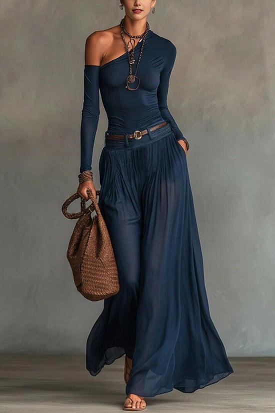 Fashionable Simple Solid Color Asymmetrical Shoulder Long Sleeve Casual Set with Belted Long Dress 