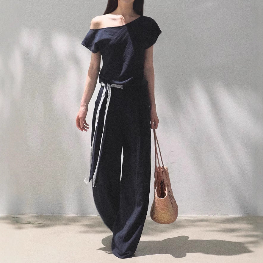 Linen Off-shoulder Short-sleeve Shirt Casual Set 