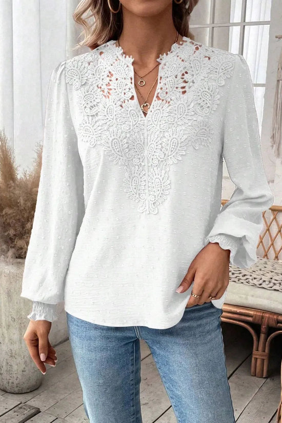 Swiss Dot Lace Detail Notched Long Sleeve Blouse 