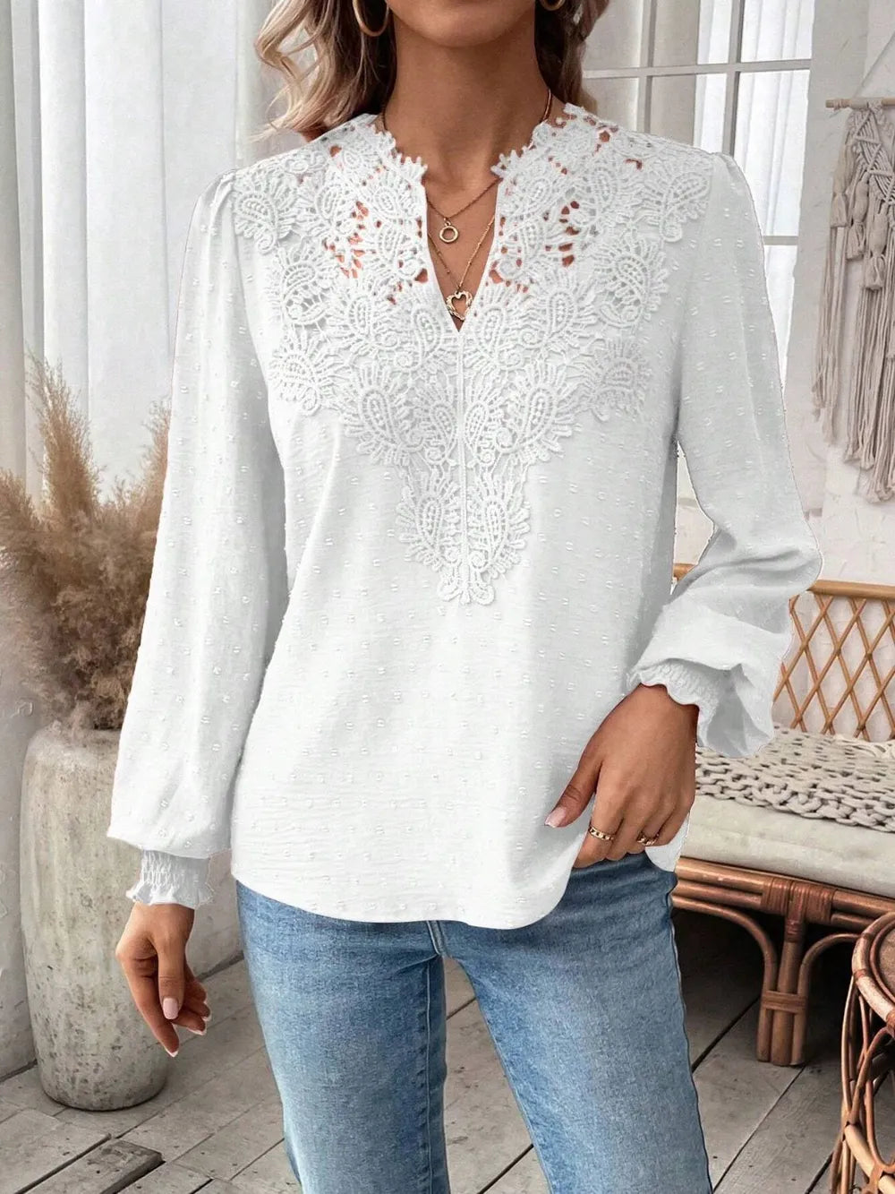 Swiss Dot Lace Detail Notched Long Sleeve Blouse 