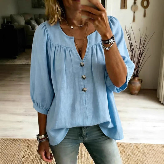Three-quarter-sleeve Buttoned Casual Loose-fit T-shirt 