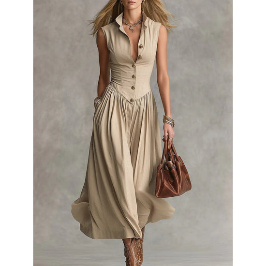 Elegant, Sophisticated Long Sleeveless Dress With A Lapel Collar 