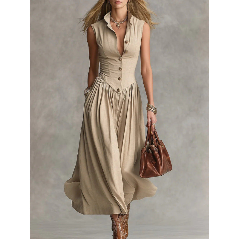 Elegant, Sophisticated Long Sleeveless Dress With A Lapel Collar 