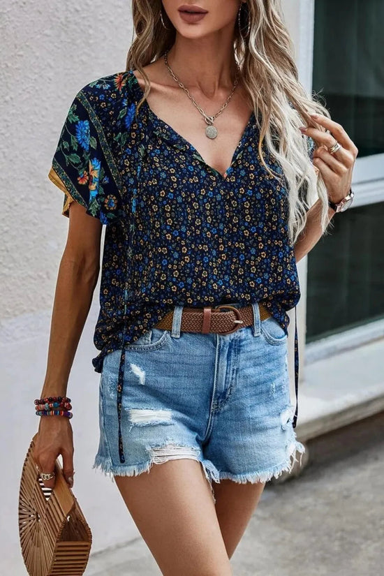 Printed Tie Neck Short Sleeve Blouse 