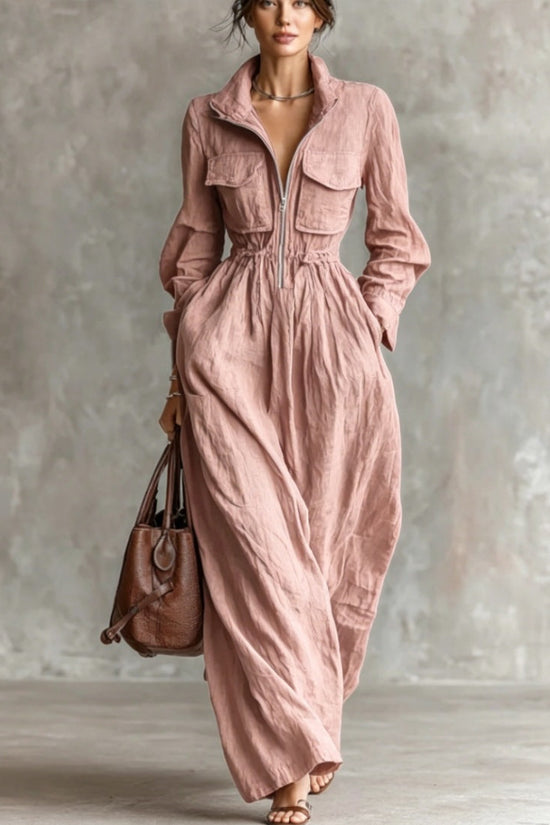 Women's Zipper Collar Elastic Waist Long Dress 