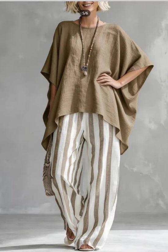 New Striped Batwing-Sleeve Loose Cotton-Linen Two-Piece Set 