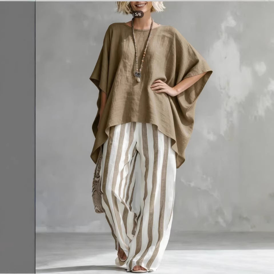 New Striped Batwing-Sleeve Loose Cotton-Linen Two-Piece Set 