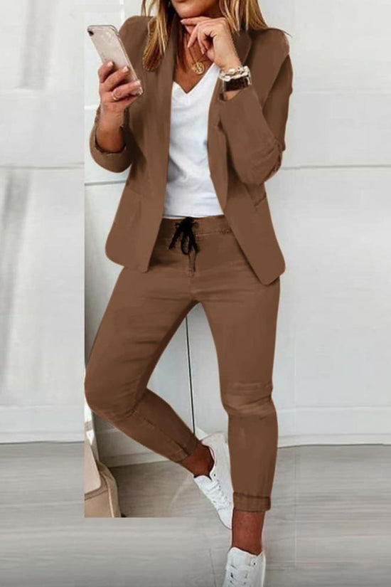 Women’s Notch-Lapel Blazer & Drawstring Pants Suit Set 