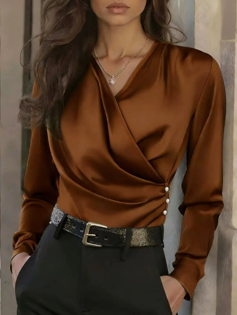 Women's Elegant Cross V-Neck Blouse, Ruffle Detail Button Accent Office Shirt 
