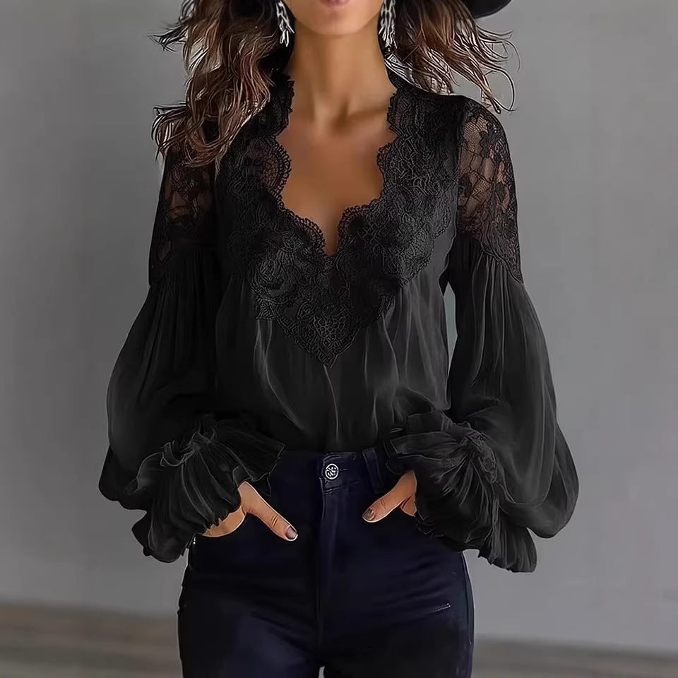 Lace-panelled Ruffled Puff-sleeve Pleated Shirt 