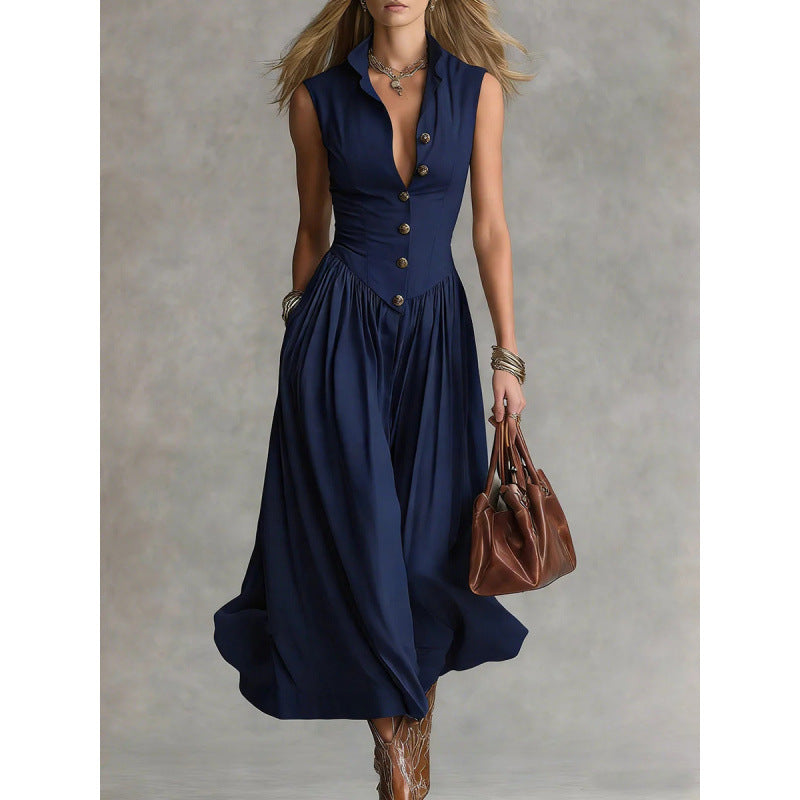 Elegant, Sophisticated Long Sleeveless Dress With A Lapel Collar 