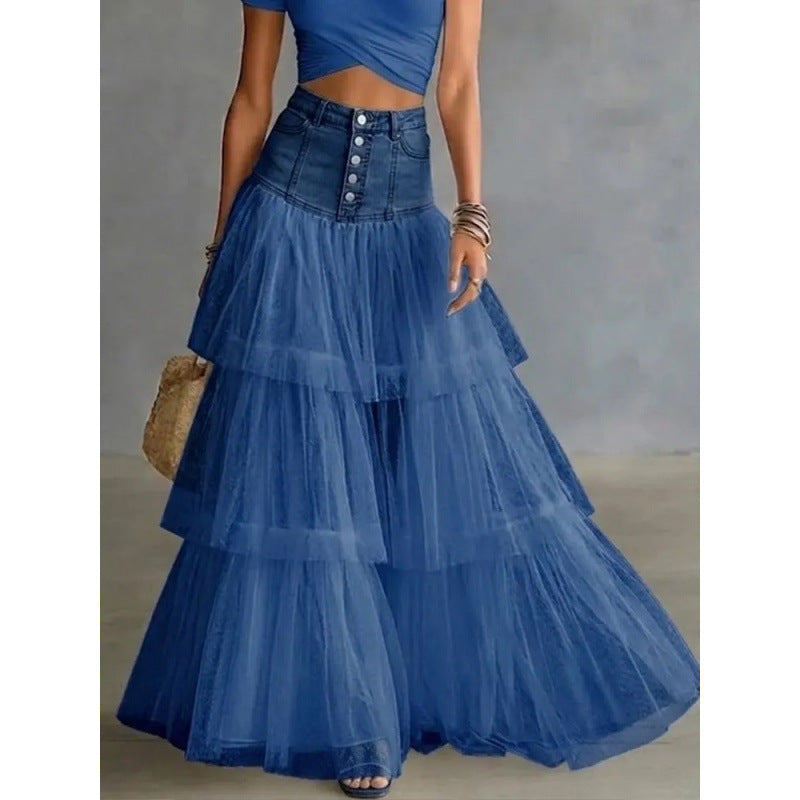 Cowboy patchwork mesh large swing skirt 