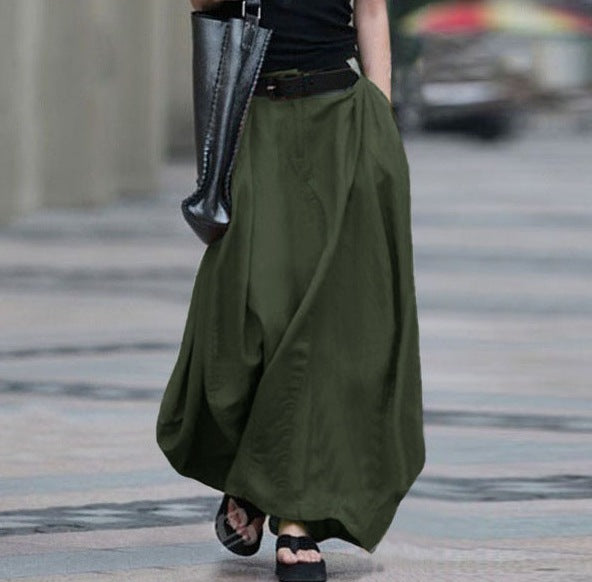 Womens Solid-color High-waisted Long Skirt 