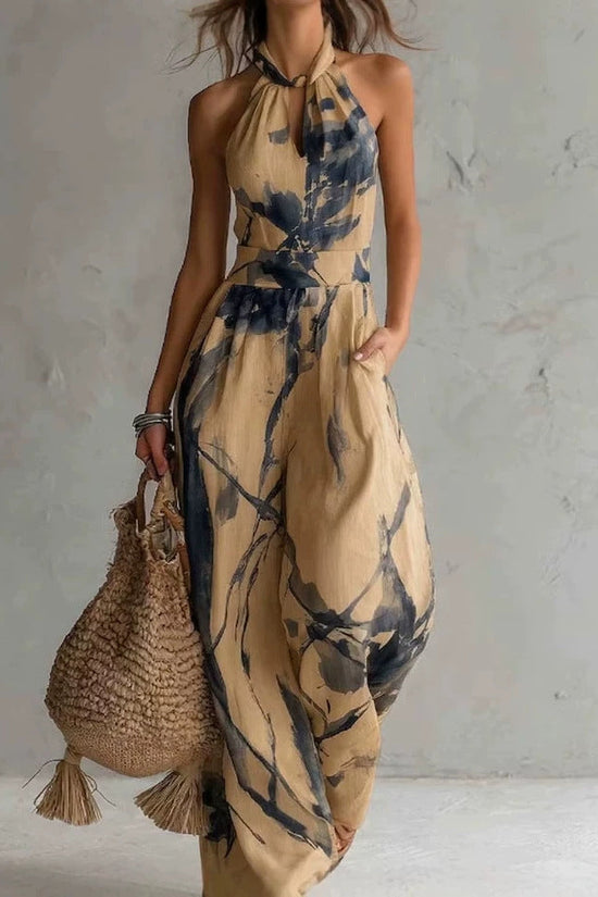 New halter backless jumpsuit, blue and white tie-dye wide-leg pants, summer beach women's wear 