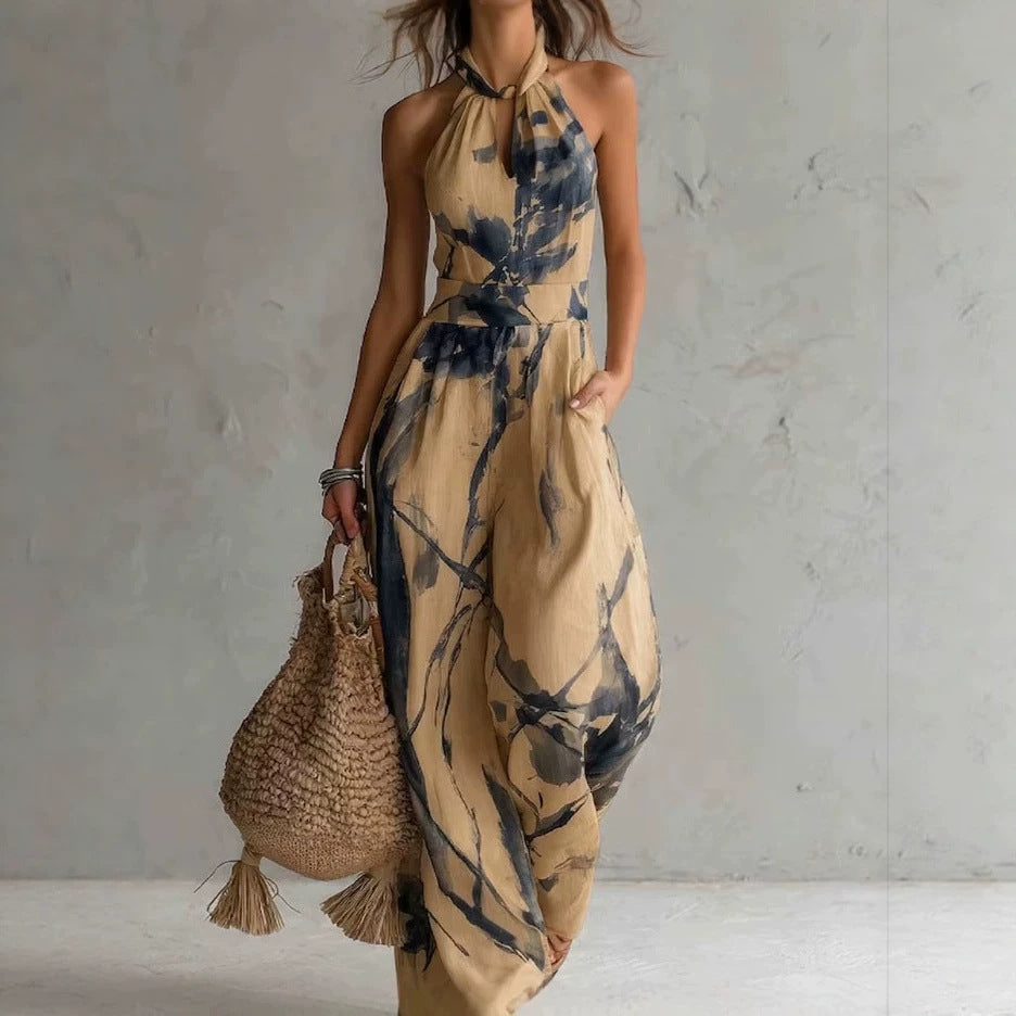 New halter backless jumpsuit, blue and white tie-dye wide-leg pants, summer beach women's wear 