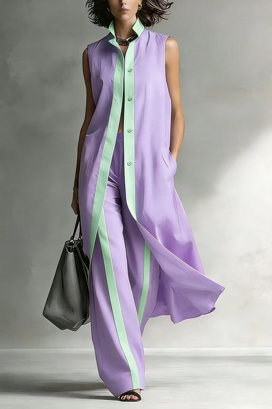 Color blocking loose vest cardigan pants set 