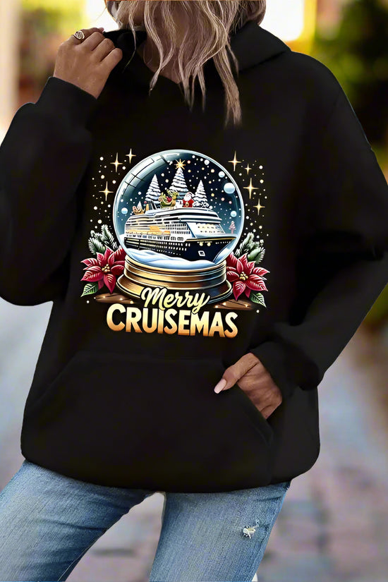 Women'S Casual Hooded Sweatshirt With Christmas Cruise Snow Globe Print, Long Sleeve With Kangaroo Pocket For All Seasons CJ US