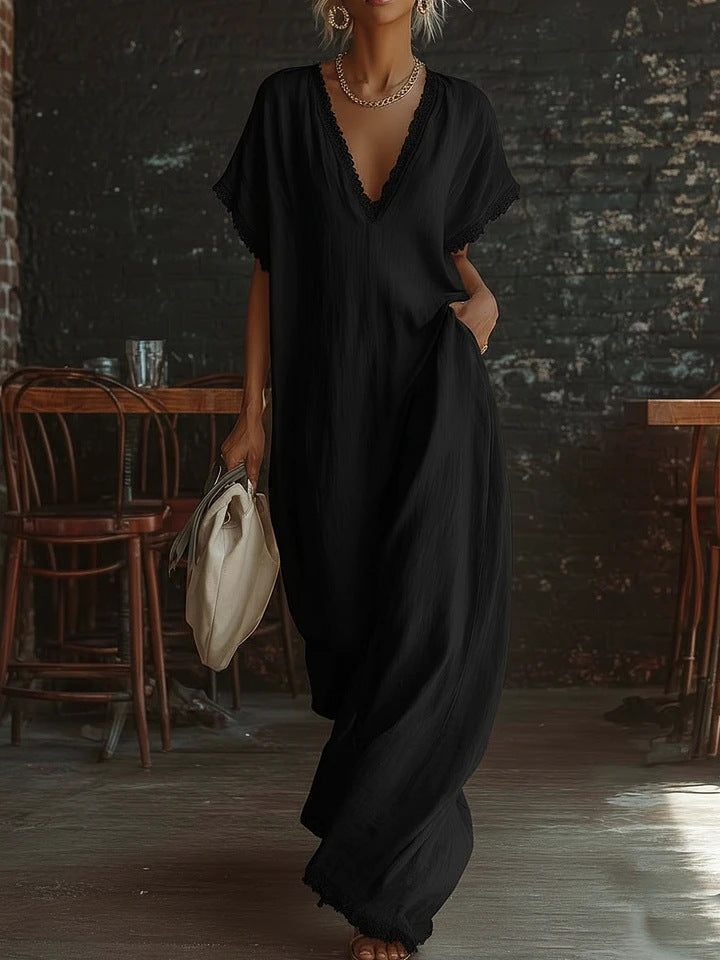 European And American Style Casual Elegant Comfortable Lace-trimmed Loose Linen Cotton Long Dress 