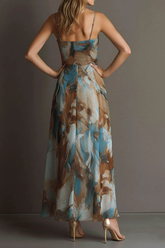 Fashionable Elegant Printed Dress with Sexy Straps, Waist-Cinching Flowy Beach Long Dress 