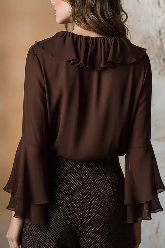 Charming Ruffle Blouse for Women, V-Neck Long Sleeve Shirt Elegant Style Feminine Top 