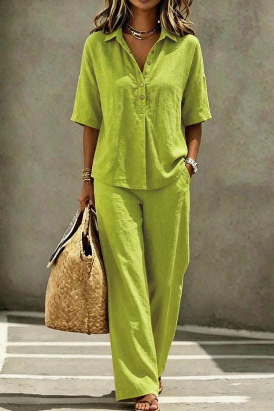 Womens Polo-Neck Button-Up Top And Wide-Leg Pants Two-Piece Set 