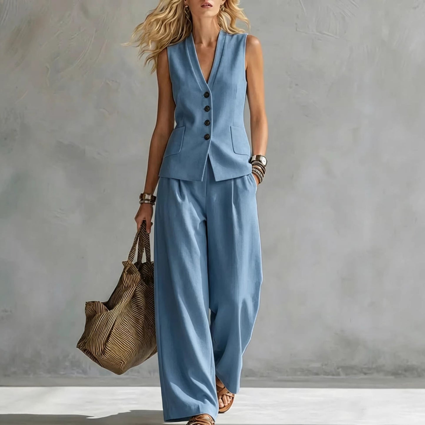 Womens Solid-Colored Sleeveless Casual Linen Tank Top And Pants Set 