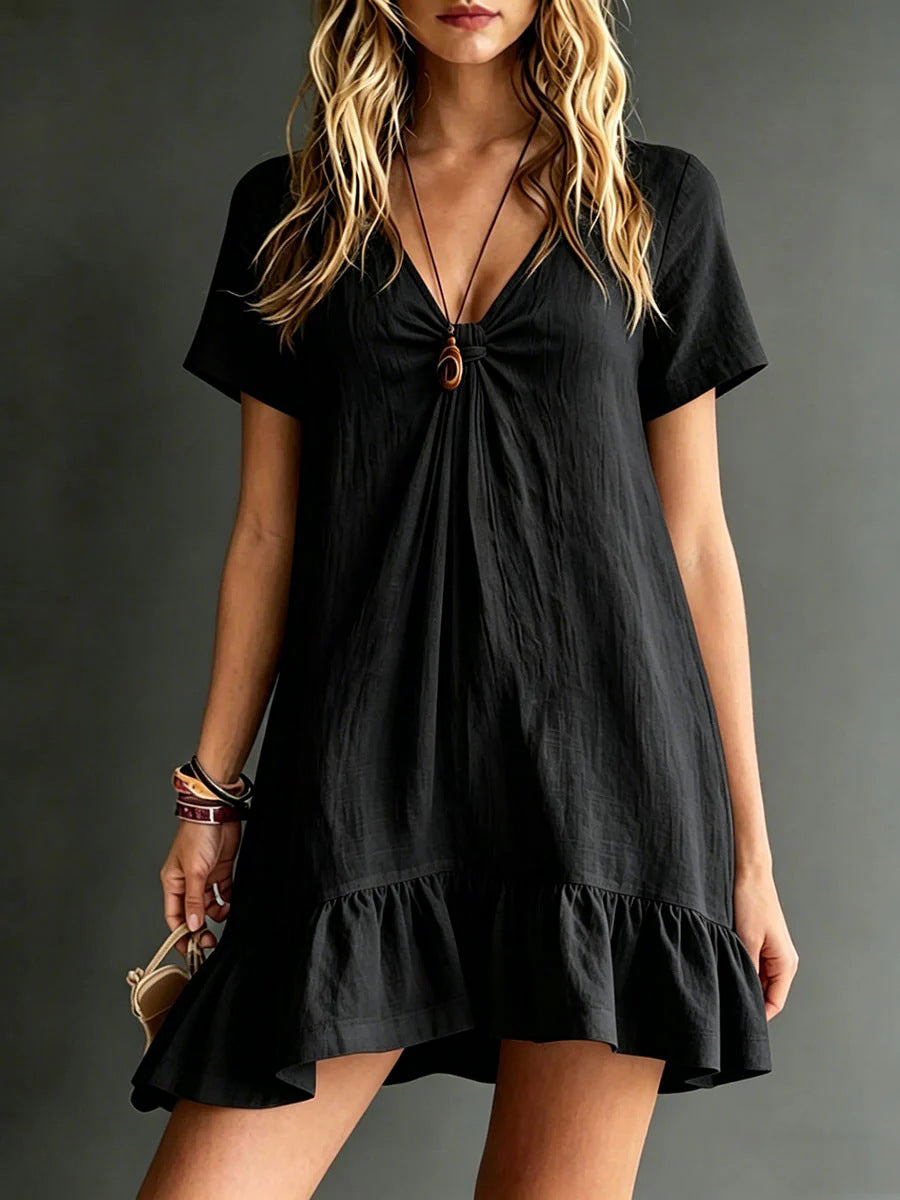 Womens Solid-Color V-Neck Short-Sleeve Casual Dress 