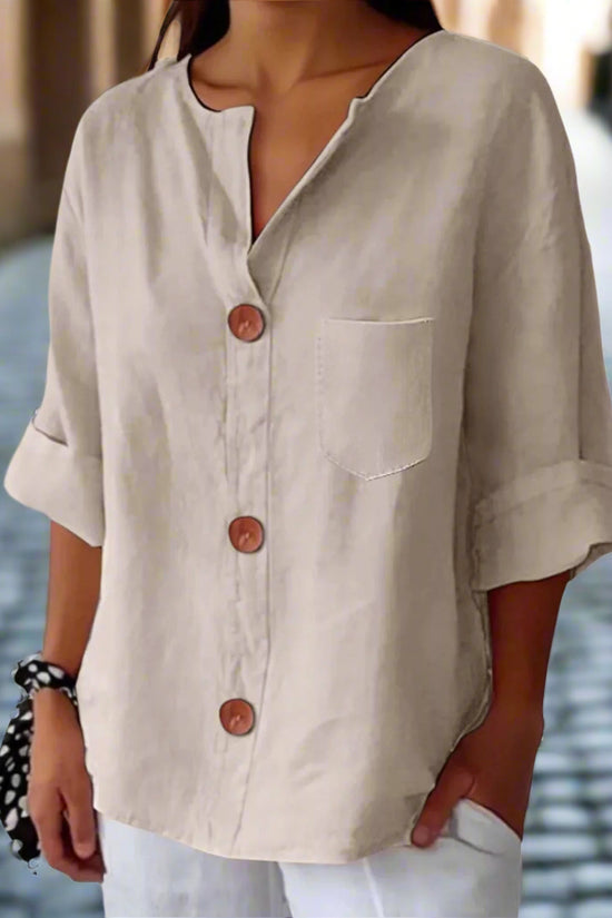 New Style Loose T-shirt For Women With V-neck, Made Of Cotton And Linen, Buttoned Top. CJ US