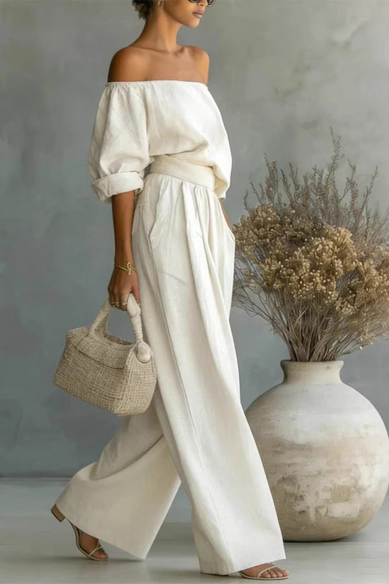 Casual Two-Piece Womens Outfit Off-Shoulder Top And Wide-Leg Pants Set 
