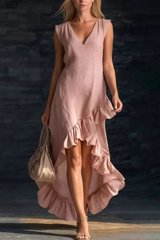 Women's Fashion Romantic Sleeveless V-Neck Ruffle Hem Cotton Linen Maxi Dress 