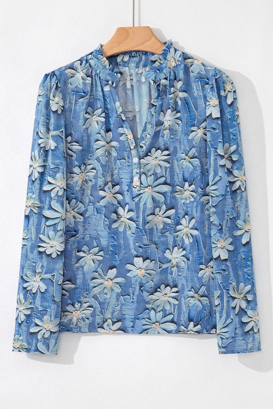 Retro Printed Chiffon Blouse Womens Textured Long-Sleeve Top 