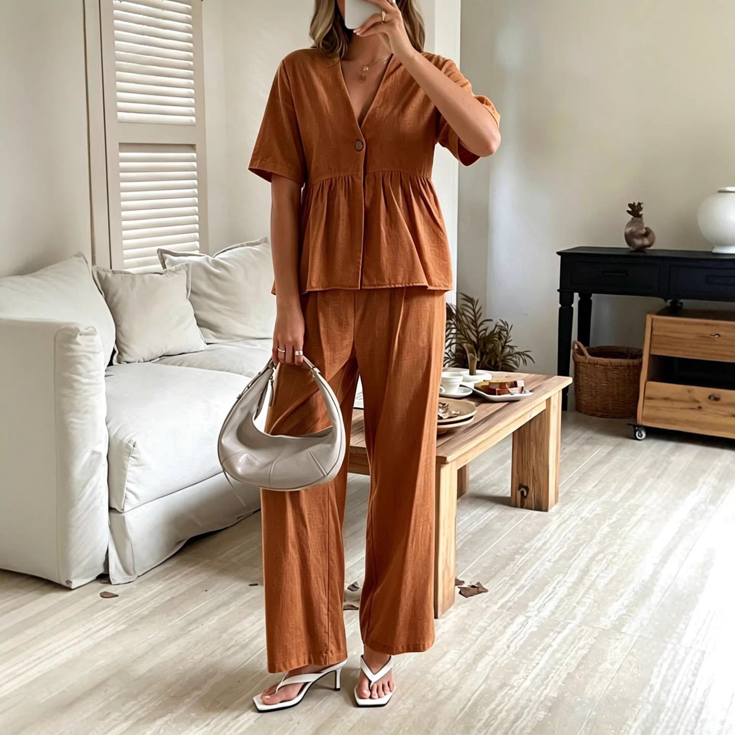 V-neck Loose-fit Short-sleeve Top And Wide-leg Pants Two-piece Set 