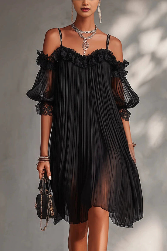 Sexy Sheer Lace Spliced Strap Solid Color Backless Dress 