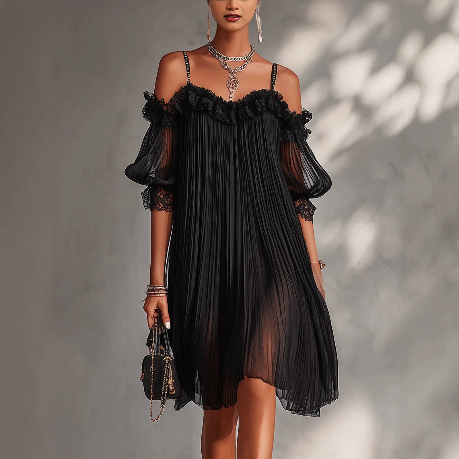 Sexy Sheer Lace Spliced Strap Solid Color Backless Dress 