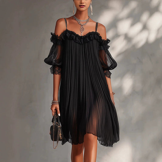 Sexy Sheer Lace Spliced Strap Solid Color Backless Dress 