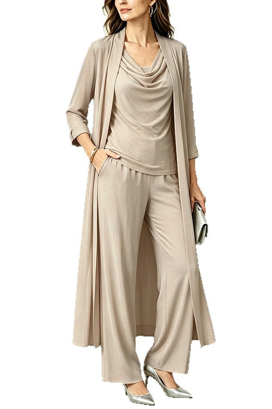Long sleeved swing collar top long cardigan jacket long pants three piece set 