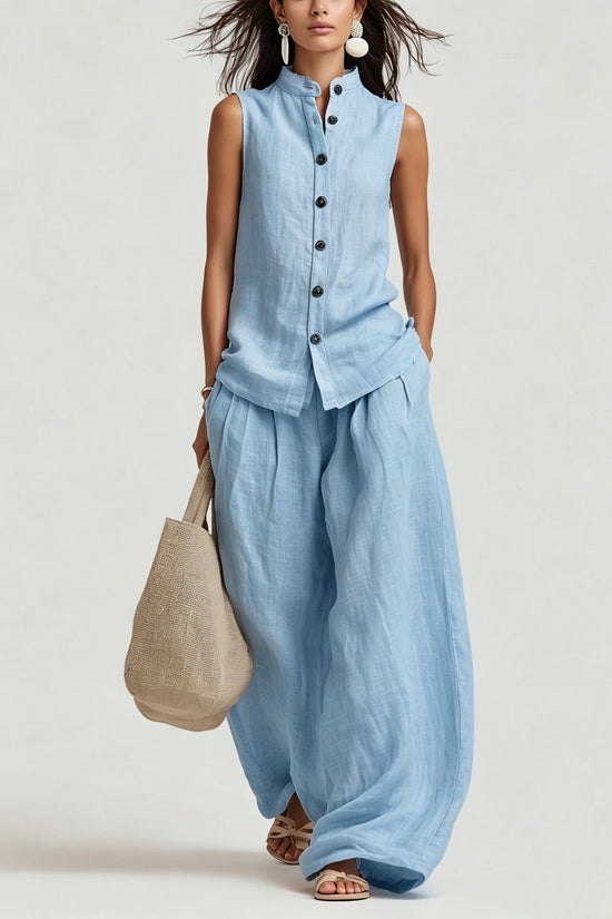 Womens Casual Cotton-Linen Sleeveless Crew-Neck Vest Top And Pants Two-Piece Set 