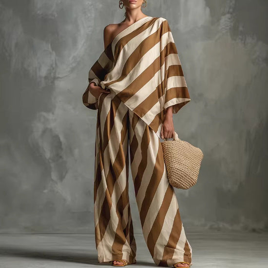 Retro Striped Printed Chiffon Top And Wide-leg Pants Set 