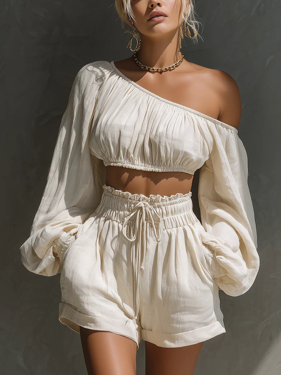 Shoulder long sleeved short top+high waisted casual shorts set for women 