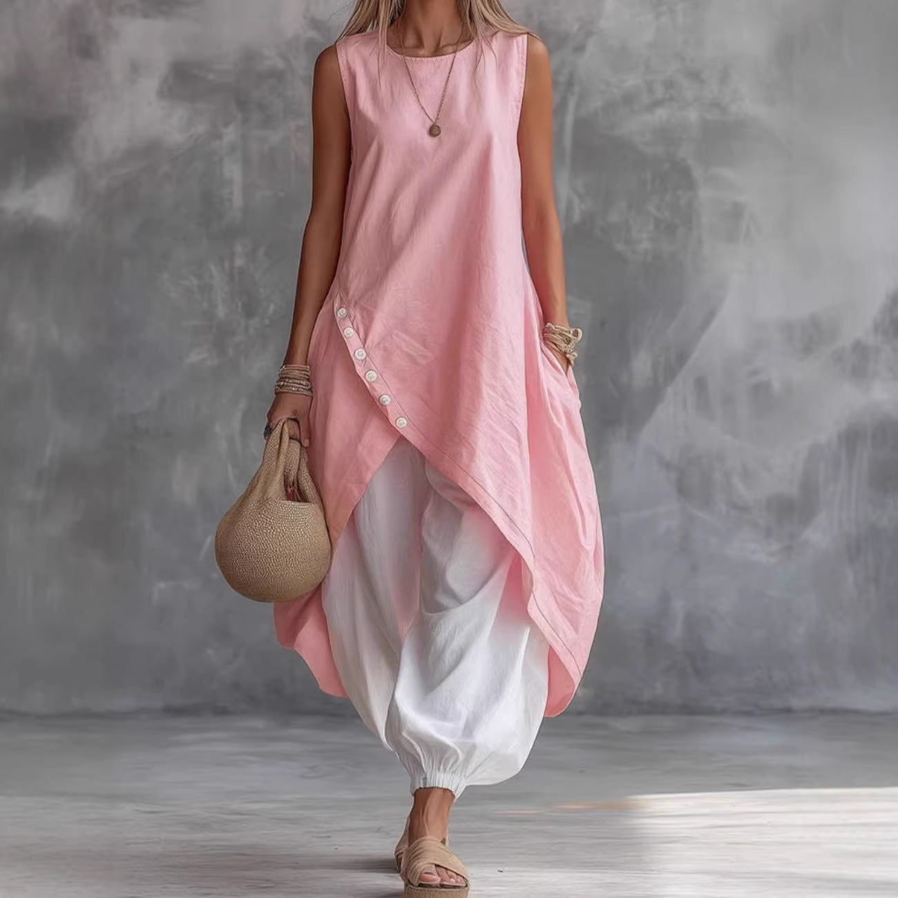 Solid Color Sleeveless Loose Pocketed Mid-Length Dress Set 