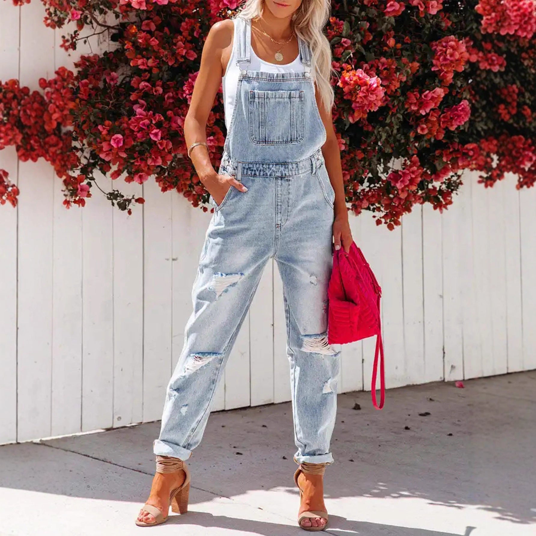 Cropped Blue Denim Overalls for Women with Ripped Details Casual FashionStrap Design, Perfect for Everyday Wear 