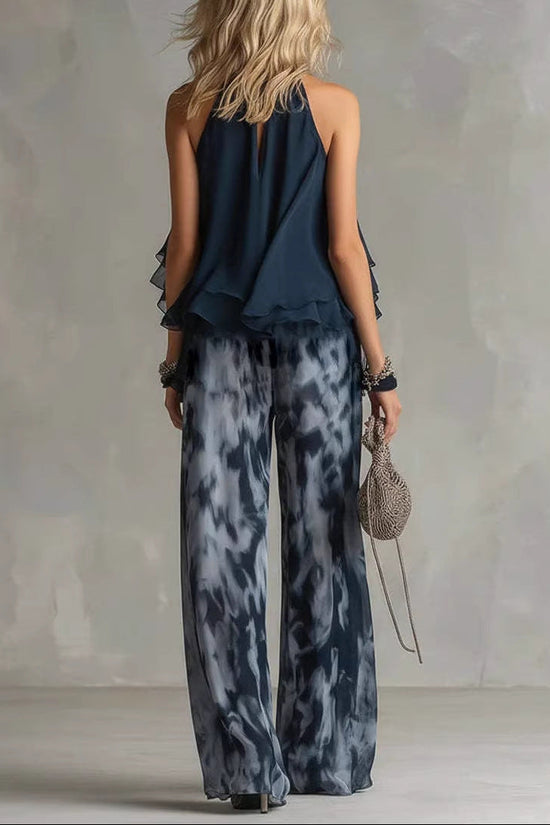 Sleeveless camisole collar top and printed wide leg pants chiffon set 