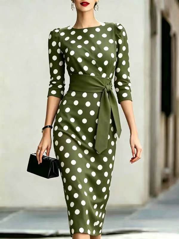 Retro Polka-dot Navy Blue Belted Waist-hugging Elegant Dress 