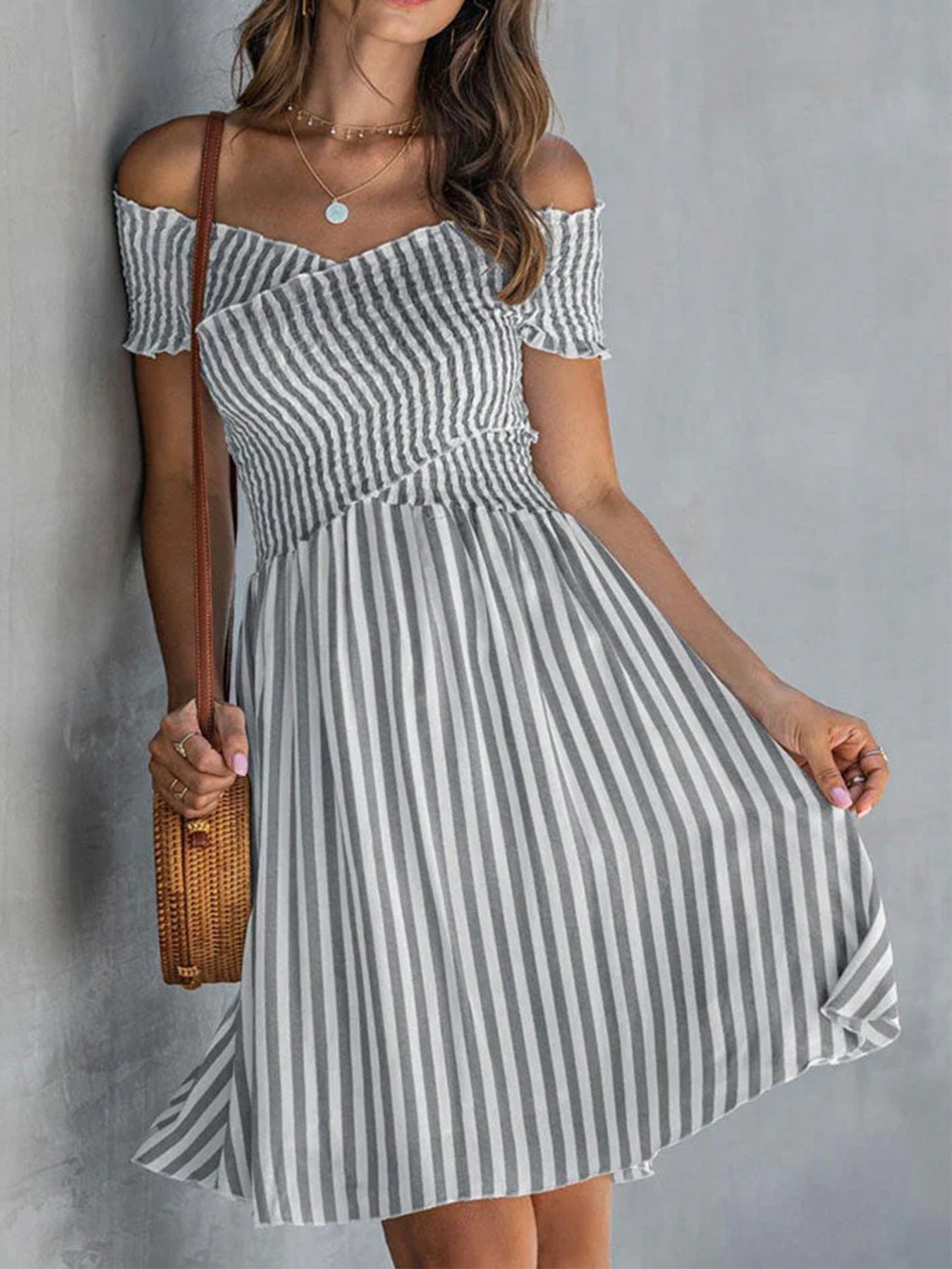 Off-the-shoulder Striped Waist-cinching Dress European And American Style 