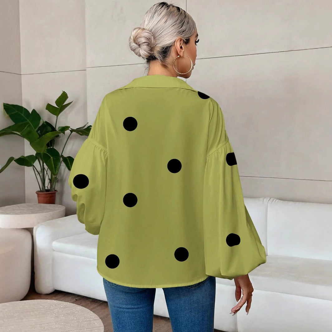 Polka Dot Half-Open Neck Loose Bubble Sleeve Long Sleeve Top 
