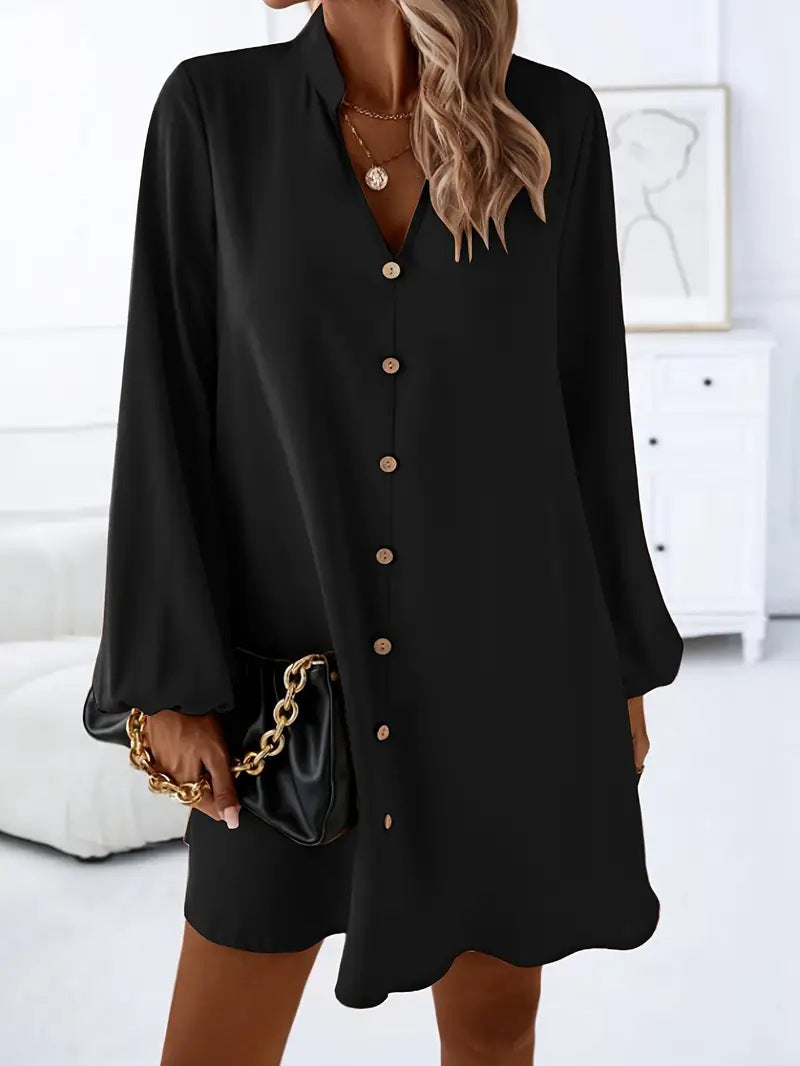 Women Solid Color V-Neck Long Sleeve Single Breasted A-Line Dress 